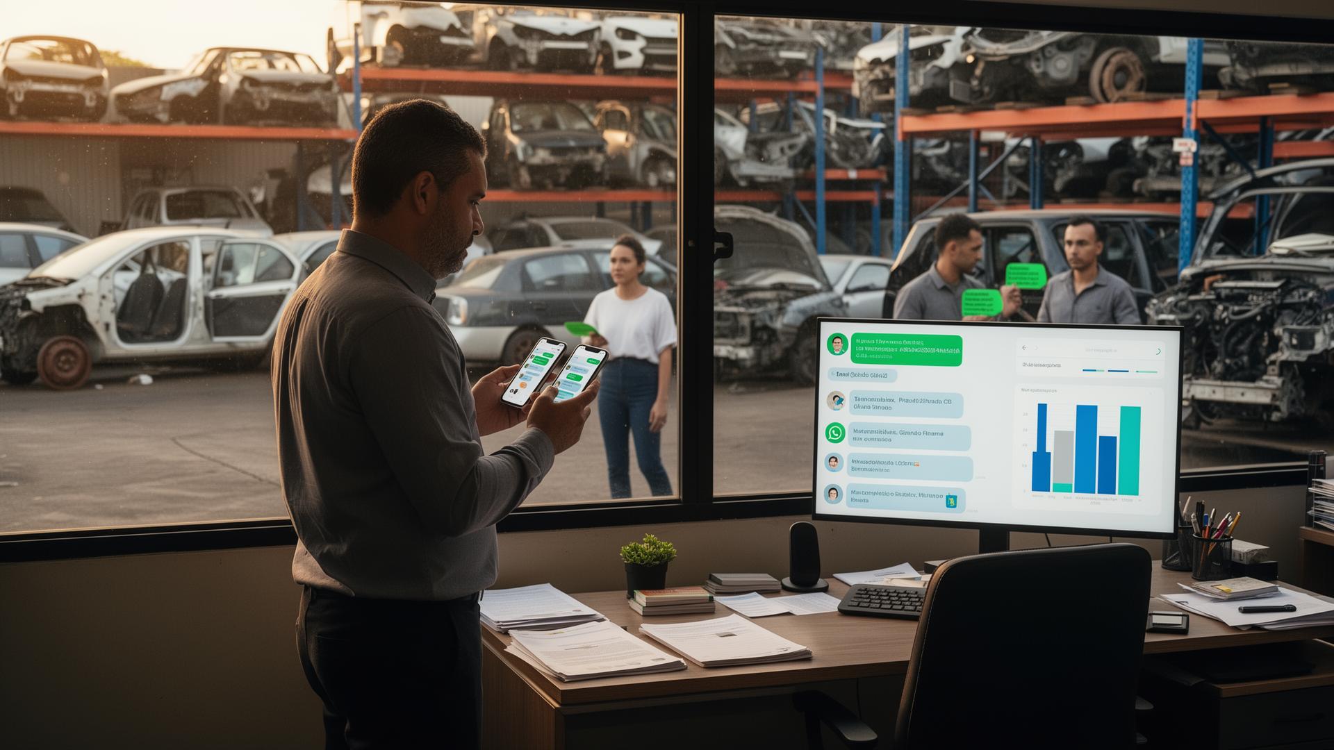 Dono de desmanche acompanhando conversas de WhatsApp e indicadores de demanda no escritório